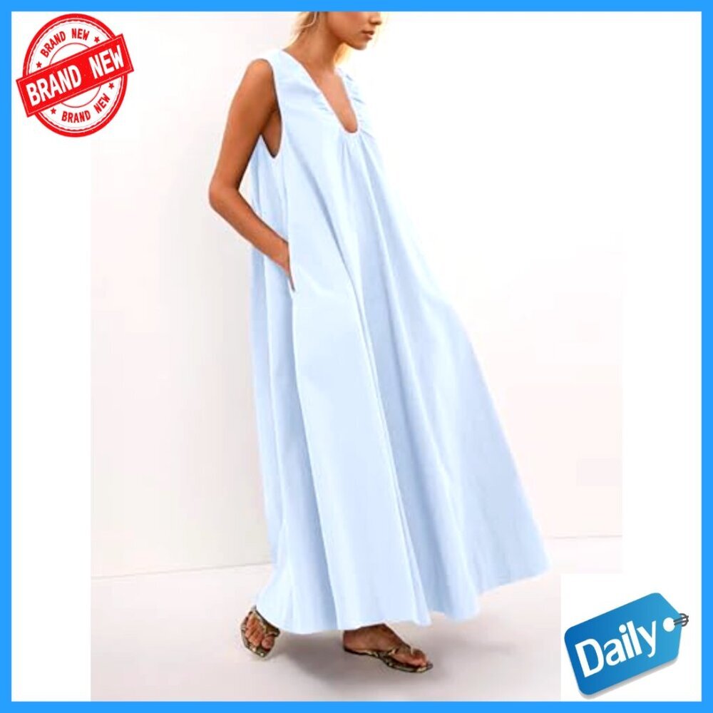 Cotton Maxi Dress Scoop Neck Ruched Side Pockets Swing Sundress - Picture 4 of 6